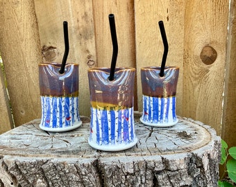 Handmade Forest Pottery Straw Cup: Blue Bird Travel Mug