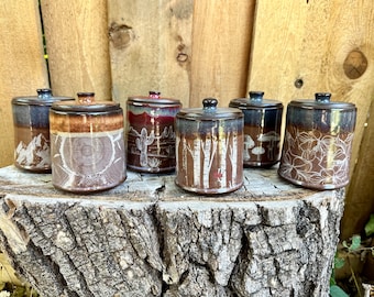 Print Q-Tip Lidded Jars | Chocolate Clay Lidded Jar | Bathroom Jar | Kitchen Jars | Handmade Wheel Thrown | Handmade Q-Tip Jars | Unique Jar