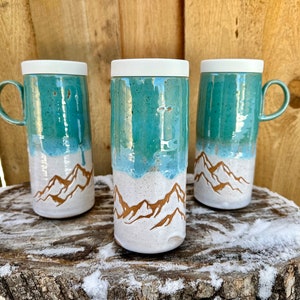 Mnt Travel Mug | Blue Glazed Mountain Scene | To-Go Mug | Silicone Lids | Travel Mug w Mountains | Mountain Coffee Mug | Popular Travel Mug