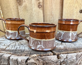 Handmade Wood Grain Pottery Mug - Rustic Ceramic Coffee Cup