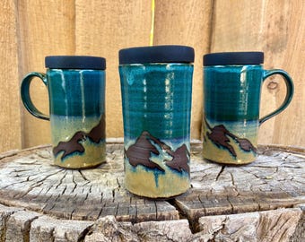 Handmade Teal Mountain Travel Mug: Dark Clay Pottery with Silicone Lid