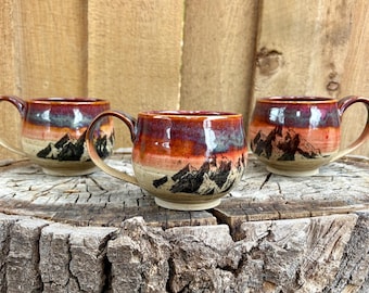 Handmade Sunset Mountain Ceramic Mug: Marbled Clay Design