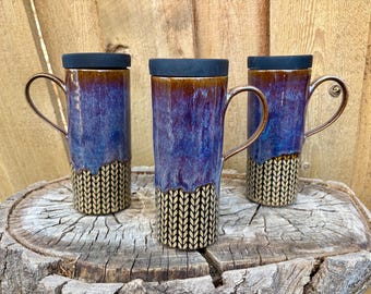 Purple Blue Knit Handmade Ceramic Travel Mug: Food Grade Silicone Lid