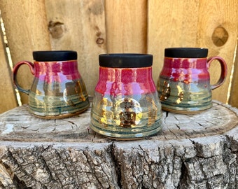 Gold Moon Sunset Travel Mug | Handmade Pink & Green Mug | Moon Phase | Pottery handmade | Handmade Outdoor Mug | Cosmic Witchy Travel Mug