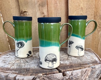 Handmade Mushroom Travel Mug Tumbler with Silicone Lid - Rich Green Glaze