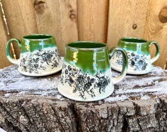 Porcelain Green Floral Mug | Handmade Green Floral Mug | Coffee and Tea Mug | Handmade Porcelain Mug | Outdoor Lover Mug | Plant-Lover Gift