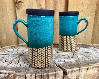 Turquoise Knit Handmade Ceramic Travel Mug: Food Grade Silicone Lid