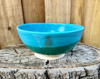Turquoise Handmade Wheel Thrown Porcelain Ceramic Pottery Serving Bowl with Gold Lightning Accents