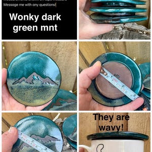 May include: A round, dark green ceramic lid with a wavy edge and a mountain range design. A measuring tape shows a diameter of approximately 3 inches. The lid is shown stacked, individually, and placed on top of a white mug with black graphic prints.