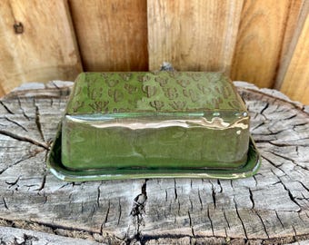 Handmade Green Cactus Large Irish Block Butter Dish | Unique Pottery Ceramic Kitchenware