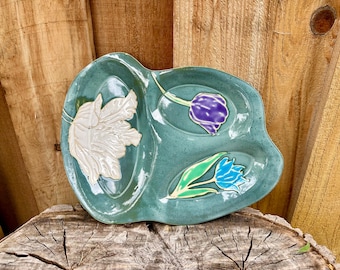Handmade Hand Painted Floral Serving Plate Platter | Pottery Ceramic Charcuterie Platter | One of a Kind Plate