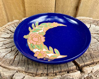 Handmade Hand Painted Floral Moon Cobalt Blue Serving Plate -  Discounted Seconds