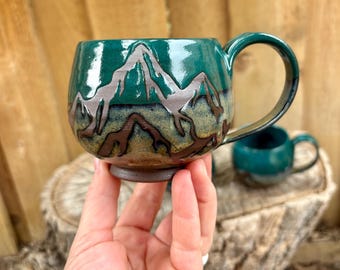 Handmade Teal and Bronze Mountain Mug - Dark Clay Pottery Mountain Mug