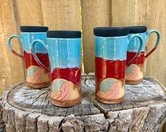 DISCOUNTED SECONDS - Handmade Hand Painted Desert Scene Travel Mug with Silicone Lid - Unique Pottery Ceramic Coffee Cup