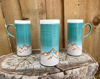 Handmade Turquoise and White Mountain Ceramic Travel Mug with Silicone Lid - Cup Holder Friendly