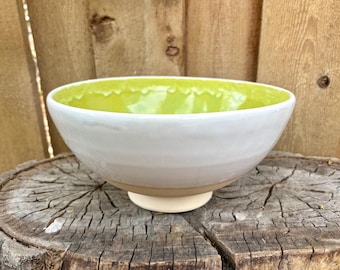 Handmade Pottery Serving Bowl: Chartreuse Yellow Green White Glazed Ceramic Bowl
