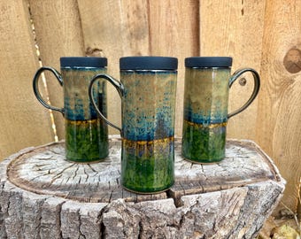 Handmade Green Prickly Pear Cactus Ceramic Travel Mug with Silicone Lid – Cup Holder Friendly