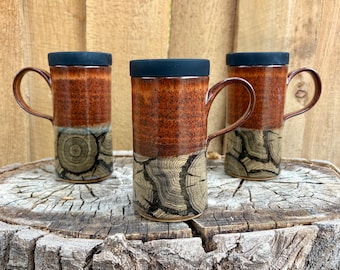 Wood Grain Handmade Pottery Travel Mug with Silicone Lid - Cup Holder Friendly