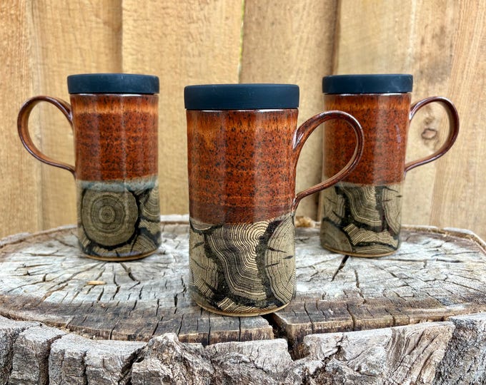 Featured listing image: Wood Grain Handmade Pottery Travel Mug with Silicone Lid - Cup Holder Friendly