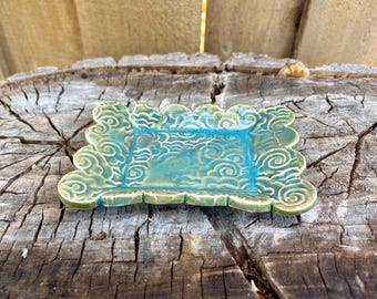Handmade Rectangle Scallop Edge Cloud Texture Plate | Catch All Dish Jewelry Tray Soap Dish