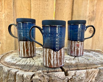 Handmade Ceramic Forest and Birth Travel Mug with Silicone Lid - Cup Holder Friendly Mug