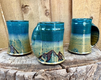 Mountain Pocket Pottery Mug - Handmade Mnt Handwarming Teal Green Mug