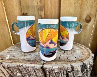 Sunshine Mnt Mosaic Travel Mug | Handpainted Mountain Outdoor Scene Travel Mug | Sunshine Lake Mountain Travel Mug | Handmade Mountain Mug