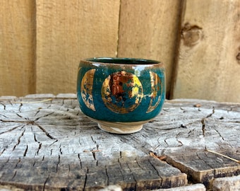 Handmade Gold Moon Phase Ceramic Tumbler: Teal Glaze Wine Cup