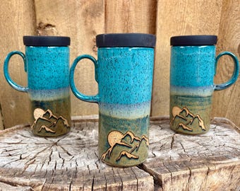 Handmade Mountain Full Moon Travel Mug – Cup Holder Friendly with Silicone Lid