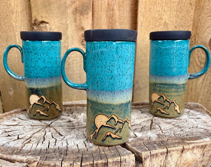 Featured listing image: Handmade Mountain Full Moon Travel Mug – Cup Holder Friendly with Silicone Lid