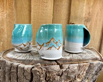 Mountain Pocket Pottery Mug - Handmade Mnt Handwarming Blue White Mug