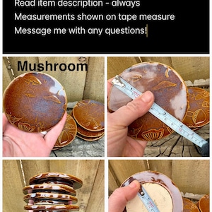 May include: Round brown ceramic lids featuring embossed mushroom designs. A measuring tape shows a diameter of approximately 3.5 inches. The lids have a glossy finish and a flat, unglazed underside. Text on the image includes: Priced per lid- 1 lid per order, Multiple lids shown to show variations, Read item description - always, Measurements shown on tape measure, Message me with any questions!, Mushroom.