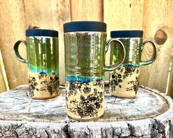 Handmade Green Floral Flower Stoneware Travel Mug | Ceramic Pottery with Silicone Lid