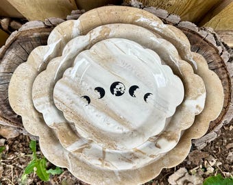 Handmade Marbled Moon Phase Serving Display Platters | Porcelain Hand Painted Moon Phase Plates