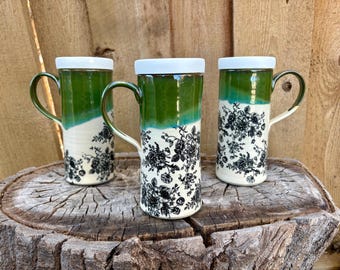 Handmade Green Floral Ceramic Travel Mug – Porcelain Coffee Mug with Lid