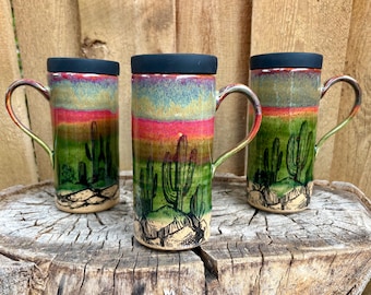 Handcrafted Desert Pottery Travel Mug with Silicone Lid - Sunset with Cactus