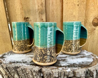 Handmade Ceramic Pocket Mug | Turquoise Peony Design Perfect for Hand Warming