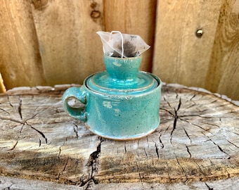 Tea Steeping Handmade Mug | Tiffany Blue Green Glaze | Pottery handmade | Handmade Small Tea Mug w Tea Bag Holder | Lidded Tea Steeping Mug