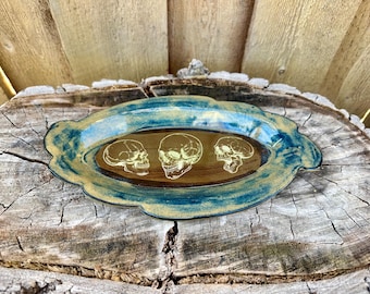 Handmade Ceramic Pottery Skull Oval Serving Plate - Unique Decorative Display Dish