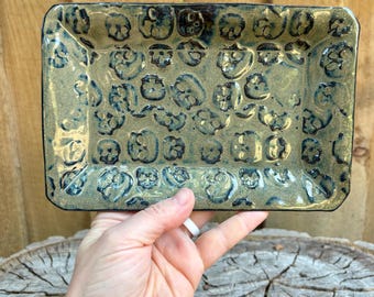 Handmade Ceramic Pottery Skull Rectagle Serving Plate - Unique Decorative Display Dish