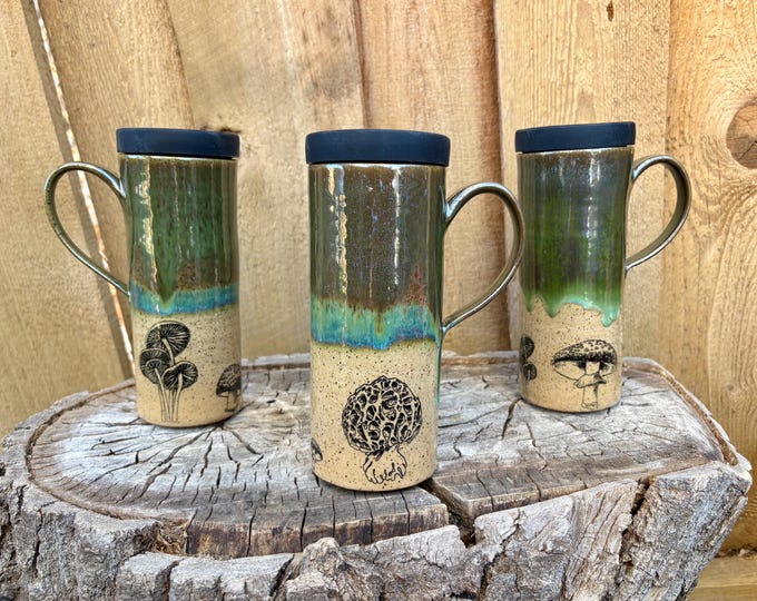 Featured listing image: Handmade Green Glazed Mushroom Travel Mug with Silicone Lid | Cup Holder Friendly