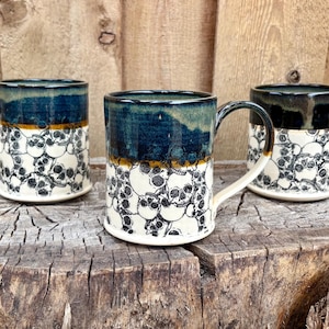 Handmade Ceramic Skull Mug with Black and Green and Bronze Glaze
