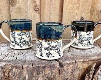 Handmade Ceramic Skull Mug with Black and Green and Bronze Glaze