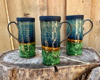 Handmade Green Prickly Pear Cactus Ceramic Travel Mug with Silicone Lid – Cup Holder Friendly