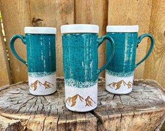 Handmade Turquoise and White Mountain Ceramic Travel Mug with Silicone Lid - Cup Holder Friendly