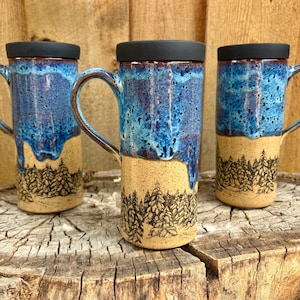 Handmade Ceramic Travel Mug: Pine Tree Forest, Blue Glaze