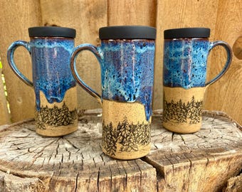 Handmade Ceramic Travel Mug: Pine Tree Forest, Blue Glaze