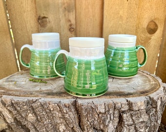 Porcelain Emerald Green & White Travel Mug | Porcelain Green Travel Mug | Handmade Porcelain Travel Mug | Fat Bottom Mug | Silicone Lid Mug