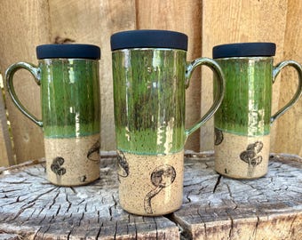 Handmade Green Glazed Mushroom Travel Mug with Silicone Lid | Cup Holder Friendly