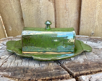 Green Mushroom Pottery Handmade Butter Dish - One of a Kind Mushroom-Themed Serving